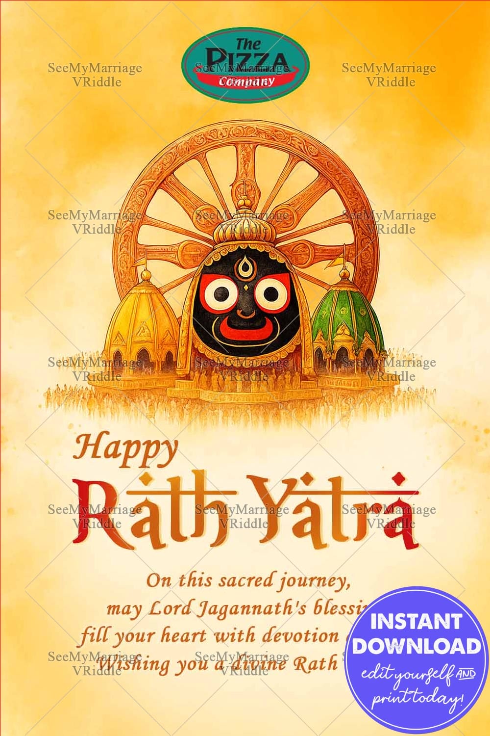 Golden Aura Rath Yatra Greeting Card with Lord Jagannath, Chariot Wheel Design and Crowd Illustration