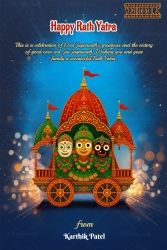 Glowing Blue Theme Rath Yatra Greeting Card with Decorative Wheels and Lights