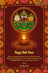 Maroon Theme Rath Yatra Greeting Card with Lord Jagannath, Balabhadra, Subhadra Illustration and Diya, Mandala