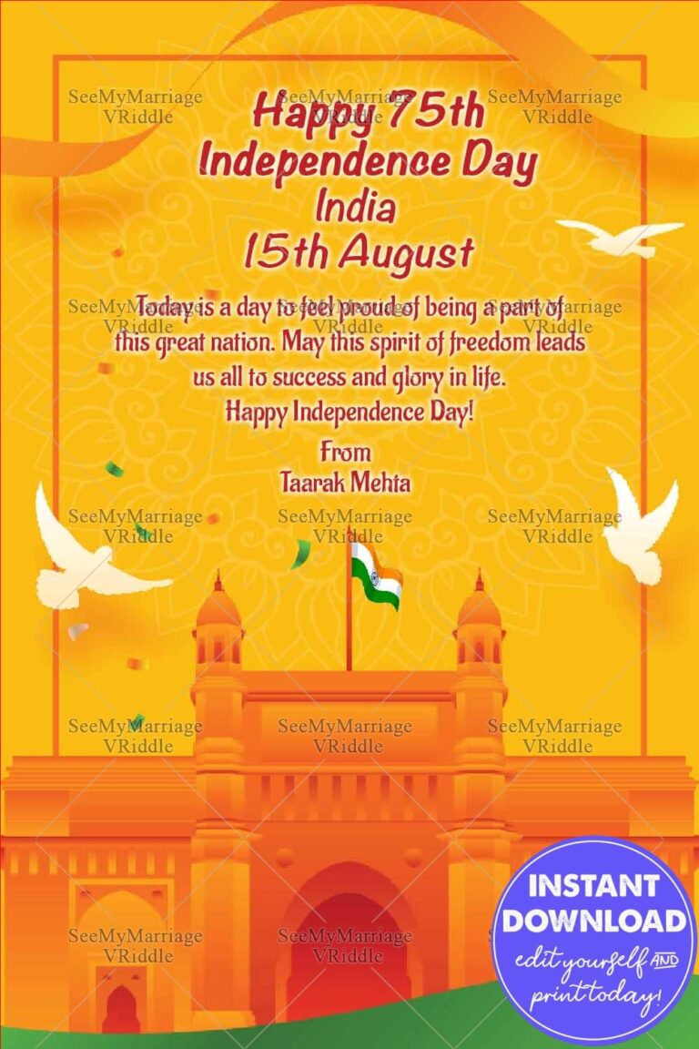 Gateway and Orange Theme Independence Day Greeting Card with Indian Flag and Doves Design