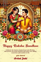 This heartwarming Raksha Bandhan greeting card captures the precious sibling bond through a vibrant and colorful illustration of a sister lovingly tying a rakhi on her brother’s wrist. Set against an ornate wooden arch with traditional Indian motifs and strings of rakhis, the card is richly adorned with marigolds, lotuses, and festive floral arrangements. The warm tones, expressive faces, and joyful atmosphere bring alive the emotional spirit of Rakhi, making it a perfect keepsake for the occasion. A heartfelt message at the bottom adds a personal touch to this festive greeting. #RakshaBandhanCard #RakhiCelebration #BrotherSisterBond #TraditionalIndianDesign #FestiveGreetingCard #SiblingLove #FloralRakhiCard #Rakhi2025 #IndianFestivalArt #EmotionalIllustration #RakhiDecor #HandcraftedRakhiCard #RakhiWithLove