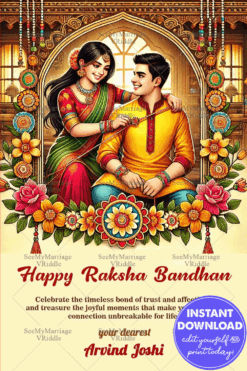 Floral Raksha Bandhan Greeting Card Featuring Sister Tying Rakhi to Brother with Traditional Arch Design