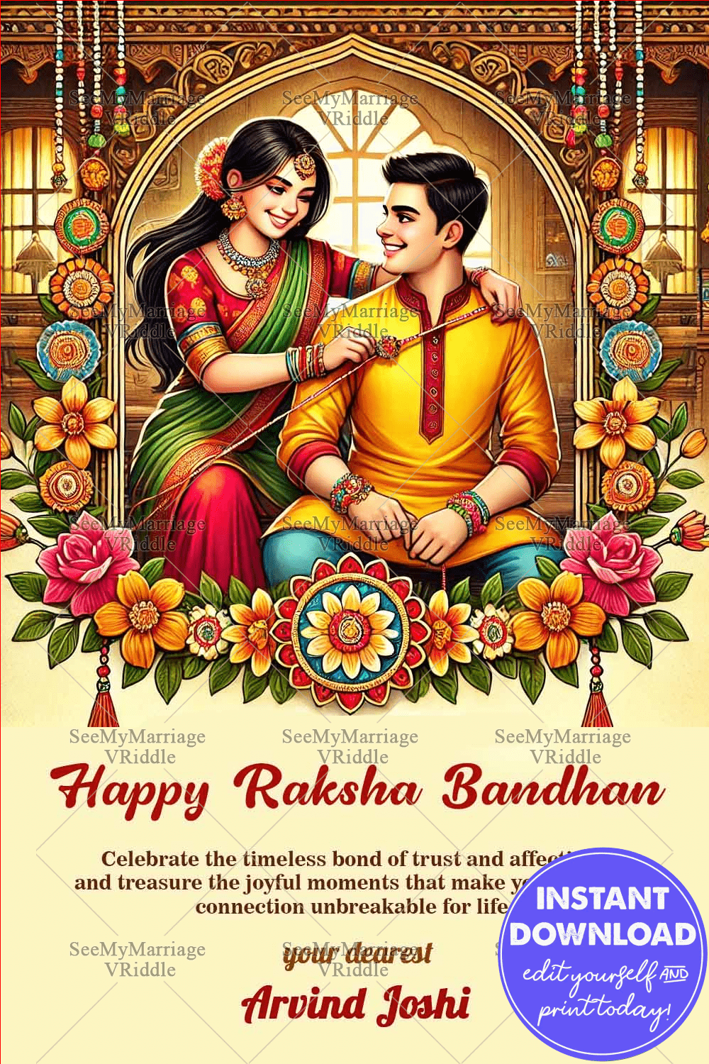 This heartwarming Raksha Bandhan greeting card captures the precious sibling bond through a vibrant and colorful illustration of a sister lovingly tying a rakhi on her brother’s wrist. Set against an ornate wooden arch with traditional Indian motifs and strings of rakhis, the card is richly adorned with marigolds, lotuses, and festive floral arrangements. The warm tones, expressive faces, and joyful atmosphere bring alive the emotional spirit of Rakhi, making it a perfect keepsake for the occasion. A heartfelt message at the bottom adds a personal touch to this festive greeting. #RakshaBandhanCard #RakhiCelebration #BrotherSisterBond #TraditionalIndianDesign #FestiveGreetingCard #SiblingLove #FloralRakhiCard #Rakhi2025 #IndianFestivalArt #EmotionalIllustration #RakhiDecor #HandcraftedRakhiCard #RakhiWithLove