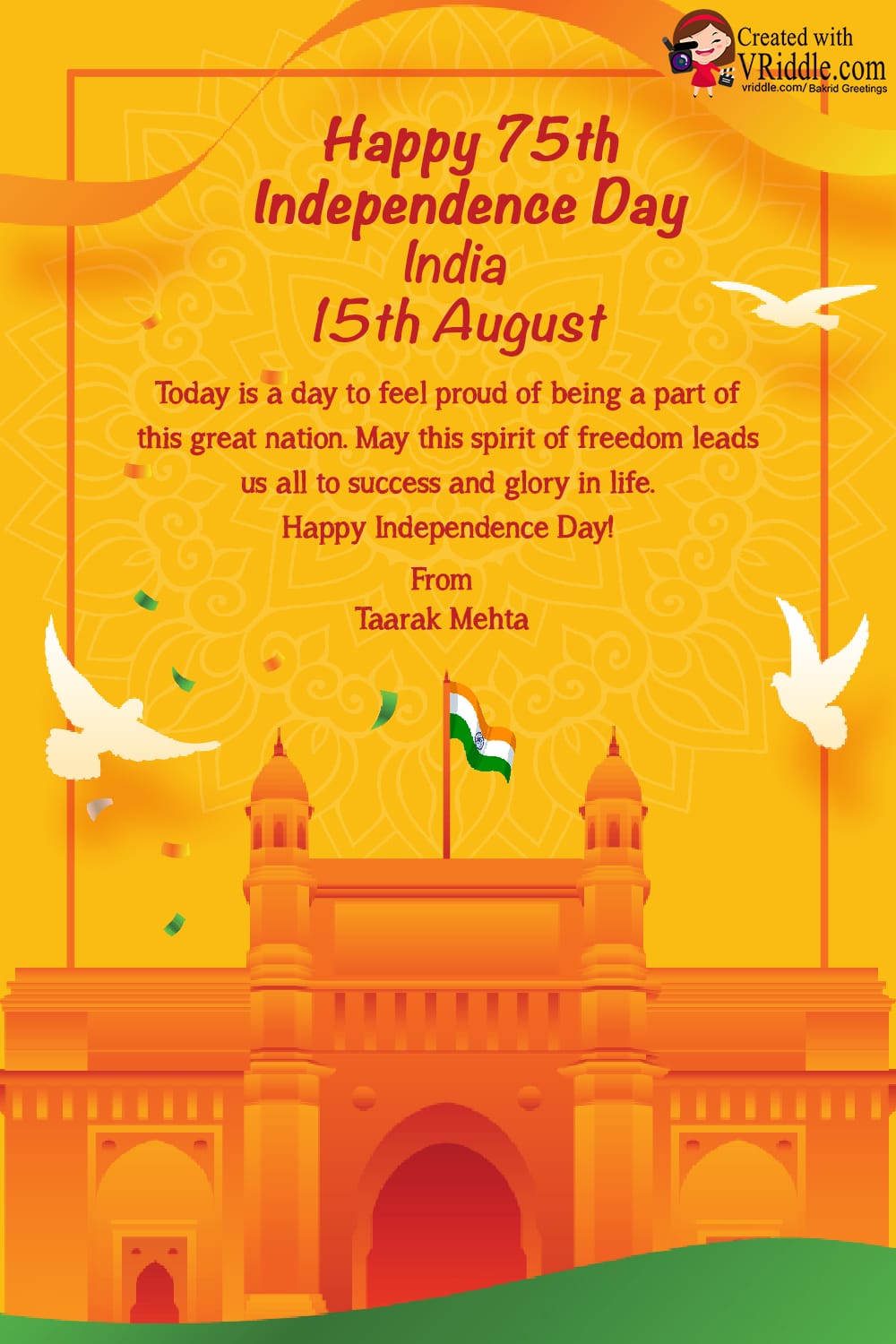 Gateway and Orange Theme Independence Day Greeting Card with Indian Flag and Doves Design