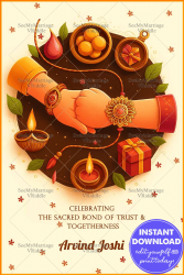Minimalist Raksha Bandhan Card with Rakhi Tying Hands, Diyas, Sweets & Gift Elements This beautifully designed Raksha Bandhan card captures the essence of sibling love through a minimal yet vibrant illustration. At the center, two hands are shown tied with a rakhi, symbolizing the sacred bond between brother and sister. Surrounding them are traditional festive elements like diyas, sweets (laddus), roli-chawal, and a gift box — all arranged in a harmonious circular layout. The warm tones and clean composition make this design both modern and rooted in tradition. It’s a heartfelt celebration of trust, protection, and lifelong togetherness. #RakshaBandhanCard #RakhiDesign #SiblingLove #ModernFestiveArt #MinimalIndianGreeting #TrustAndTogetherness #RakhiIllustration #RakhiCelebration #Rakhi2025 #DiyaDecor #GiftOfLove #BrotherSisterBond #HandTiedRakhi #IndianFestivalCard