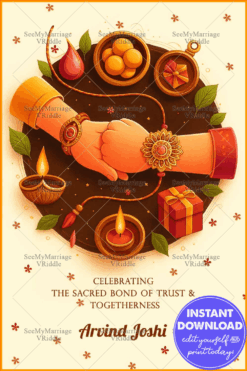 Minimalist Raksha Bandhan Card with Rakhi Tying Hands, Diyas, Sweets & Gift Elements