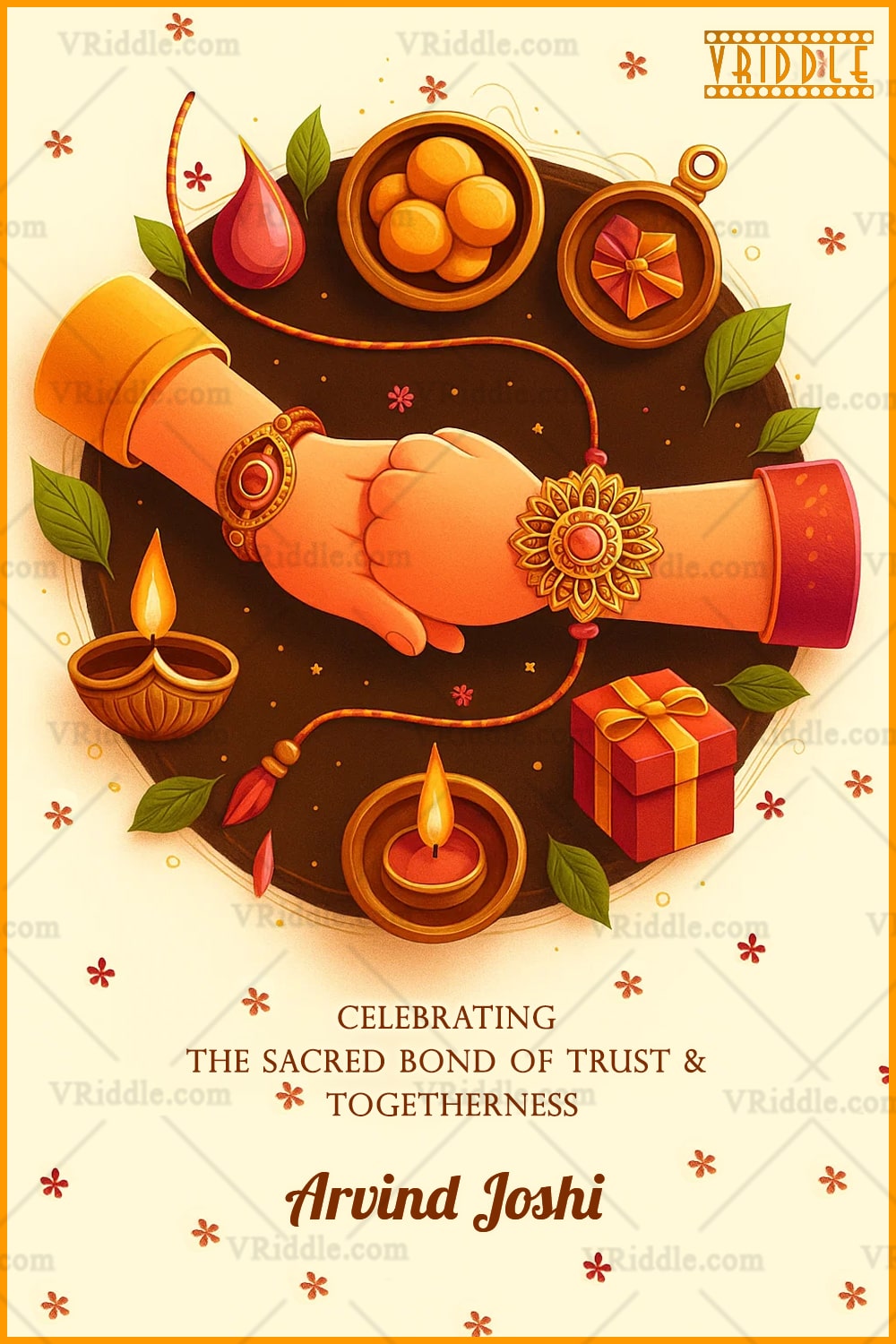 This beautifully designed Raksha Bandhan card captures the essence of sibling love through a minimal yet vibrant illustration. At the center, two hands are shown tied with a rakhi, symbolizing the sacred bond between brother and sister. Surrounding them are traditional festive elements like diyas, sweets (laddus), roli-chawal, and a gift box — all arranged in a harmonious circular layout. The warm tones and clean composition make this design both modern and rooted in tradition. It’s a heartfelt celebration of trust, protection, and lifelong togetherness. #RakshaBandhanCard #RakhiDesign #SiblingLove #ModernFestiveArt #MinimalIndianGreeting #TrustAndTogetherness #RakhiIllustration #RakhiCelebration #Rakhi2025 #DiyaDecor #GiftOfLove #BrotherSisterBond #HandTiedRakhi #IndianFestivalCard