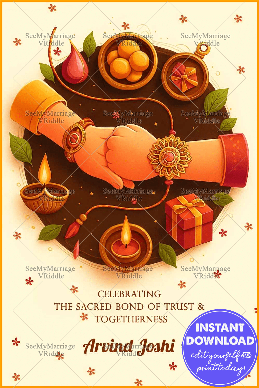 This beautifully designed Raksha Bandhan card captures the essence of sibling love through a minimal yet vibrant illustration. At the center, two hands are shown tied with a rakhi, symbolizing the sacred bond between brother and sister. Surrounding them are traditional festive elements like diyas, sweets (laddus), roli-chawal, and a gift box — all arranged in a harmonious circular layout. The warm tones and clean composition make this design both modern and rooted in tradition. It’s a heartfelt celebration of trust, protection, and lifelong togetherness. #RakshaBandhanCard #RakhiDesign #SiblingLove #ModernFestiveArt #MinimalIndianGreeting #TrustAndTogetherness #RakhiIllustration #RakhiCelebration #Rakhi2025 #DiyaDecor #GiftOfLove #BrotherSisterBond #HandTiedRakhi #IndianFestivalCard