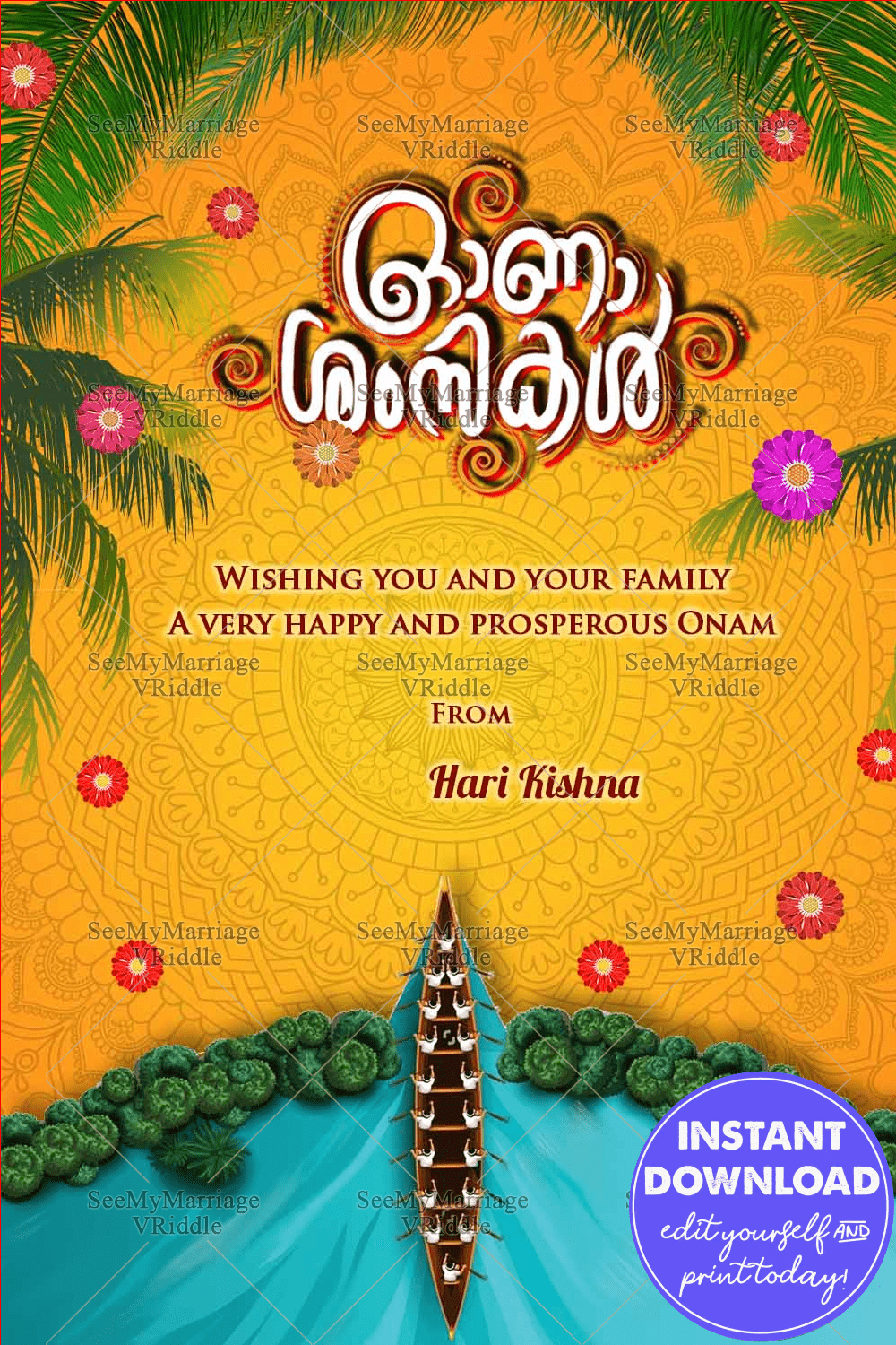Onam Greeting with Mandala Art and Festive Boat Race with Tropical Florals on Yellow BG