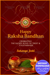 This Raksha Bandhan card showcases a regal maroon background that enhances the festive spirit. A detailed, jeweled Rakhi runs horizontally across the center, connecting the heartfelt bond between brother and sister. Above it, a minimal golden line-art of a brother-sister moment adds emotional depth. The bottom features a traditional pooja thali with roli, diya, betel leaves, and another rakhi, tying the whole design in rich cultural symbolism. Perfect for expressing warmth, tradition, and timeless love between siblings. #RakshaBandhan2025 #RakhiCardDesign #TraditionalBond #BrotherSisterLove #PoojaThaliArt #MinimalLineArt #ElegantRakhi #IndianFestivalCard #SacredBond #RoyalMaroonTheme #RakhiCelebration #RakhiVibes #TogethernessForever