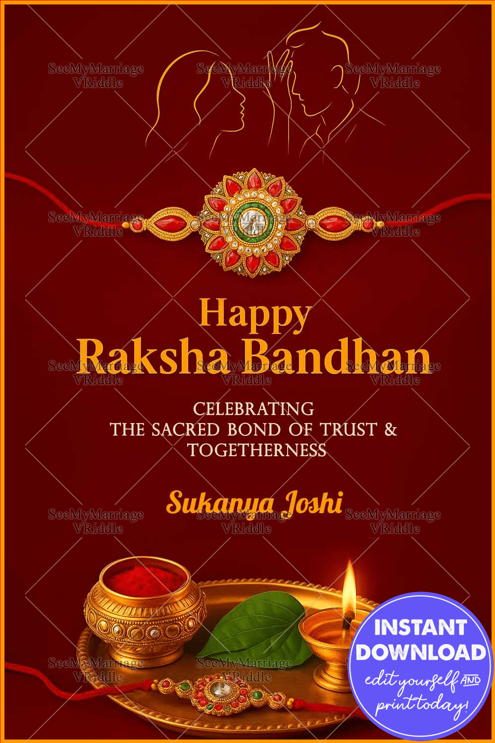 This Raksha Bandhan card showcases a regal maroon background that enhances the festive spirit. A detailed, jeweled Rakhi runs horizontally across the center, connecting the heartfelt bond between brother and sister. Above it, a minimal golden line-art of a brother-sister moment adds emotional depth. The bottom features a traditional pooja thali with roli, diya, betel leaves, and another rakhi, tying the whole design in rich cultural symbolism. Perfect for expressing warmth, tradition, and timeless love between siblings. #RakshaBandhan2025 #RakhiCardDesign #TraditionalBond #BrotherSisterLove #PoojaThaliArt #MinimalLineArt #ElegantRakhi #IndianFestivalCard #SacredBond #RoyalMaroonTheme #RakhiCelebration #RakhiVibes #TogethernessForever