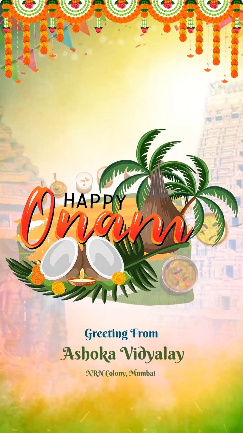Traditional Theme Animated Onam Greeting Video with Temple Background, Festive Decor and Floral Garland