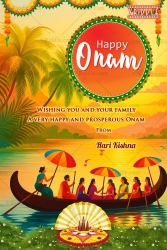 Vibrant Onam Greeting with Boat Ride with Flower Carpet & Sunset Nature Kerala Theme