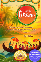 Vibrant Onam Greeting with Boat Ride with Flower Carpet & Sunset Nature Kerala Theme