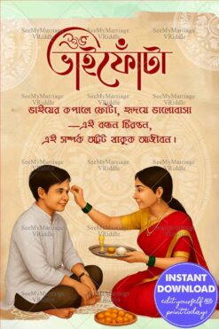 Ritual Illustration Bengali Bhai Phonta Greeting Card with Sister Applying Tilak and Sibling Bond