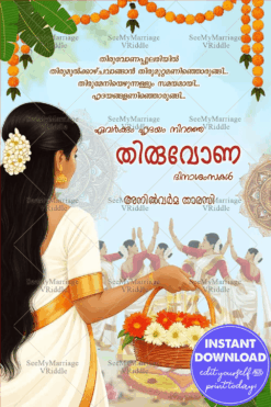Embracing Onam Through the Grace of a Kerala Girl Carrying Blossoms of Joy Rhythms of Dance Greeting in Malayalam