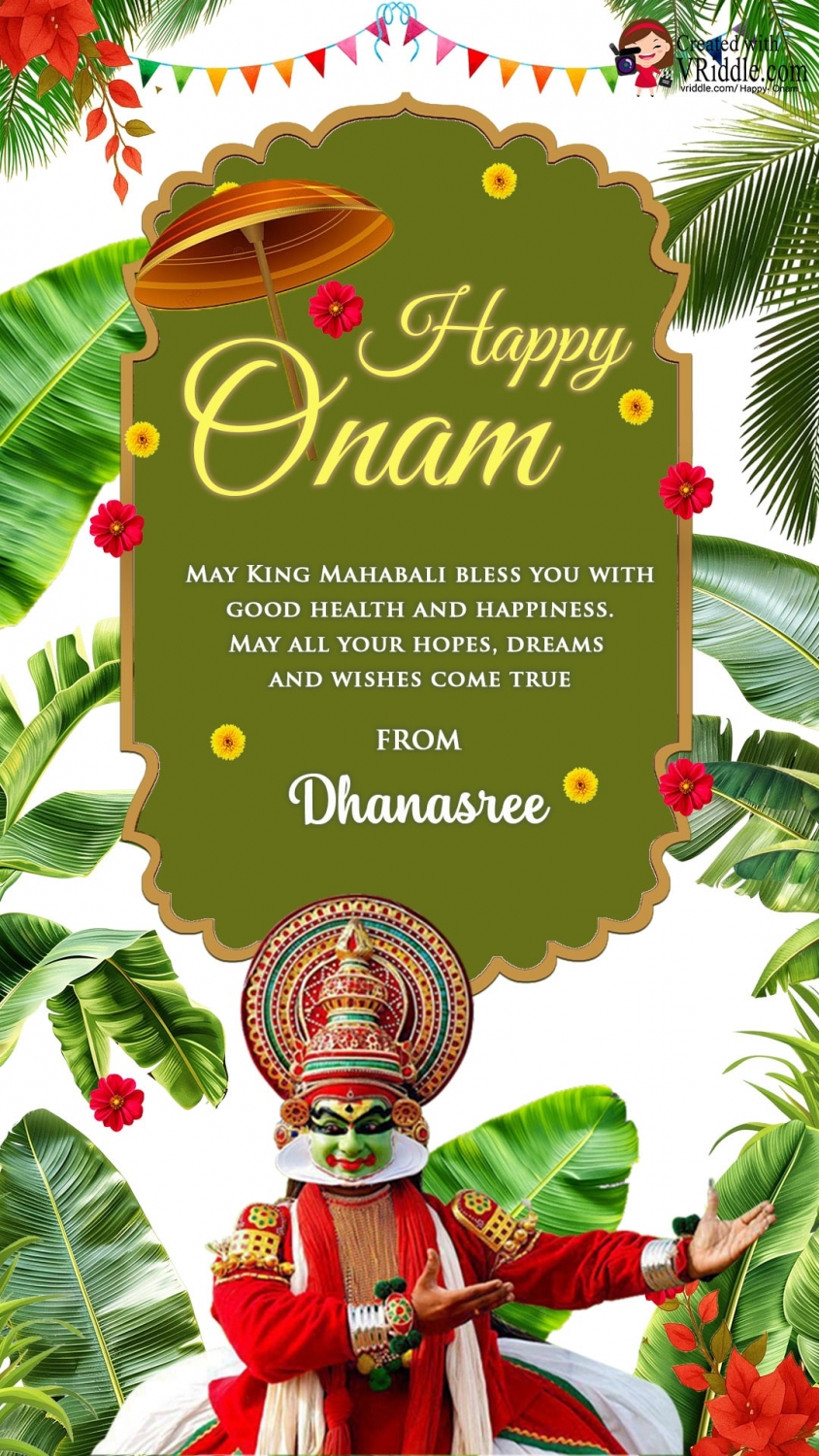 Festive Onam Greetings with Kathakali Charm & Vibrant Floral Elegance with Banana Leaves