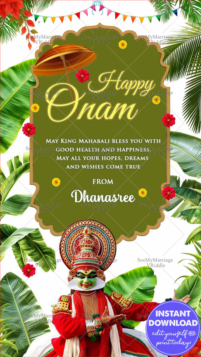 Festive Onam Greetings with Kathakali Charm & Vibrant Floral Elegance with Banana Leaves