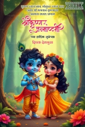 Forest Theme Marathi Janmashtami Greeting Card with Radha Krishna Illustration and Flowers