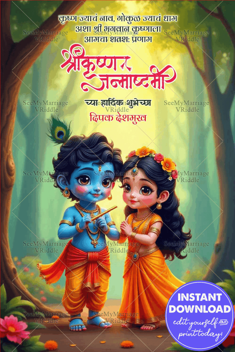 Forest Theme Marathi Janmashtami Greeting Card with Radha Krishna Illustration and Flowers