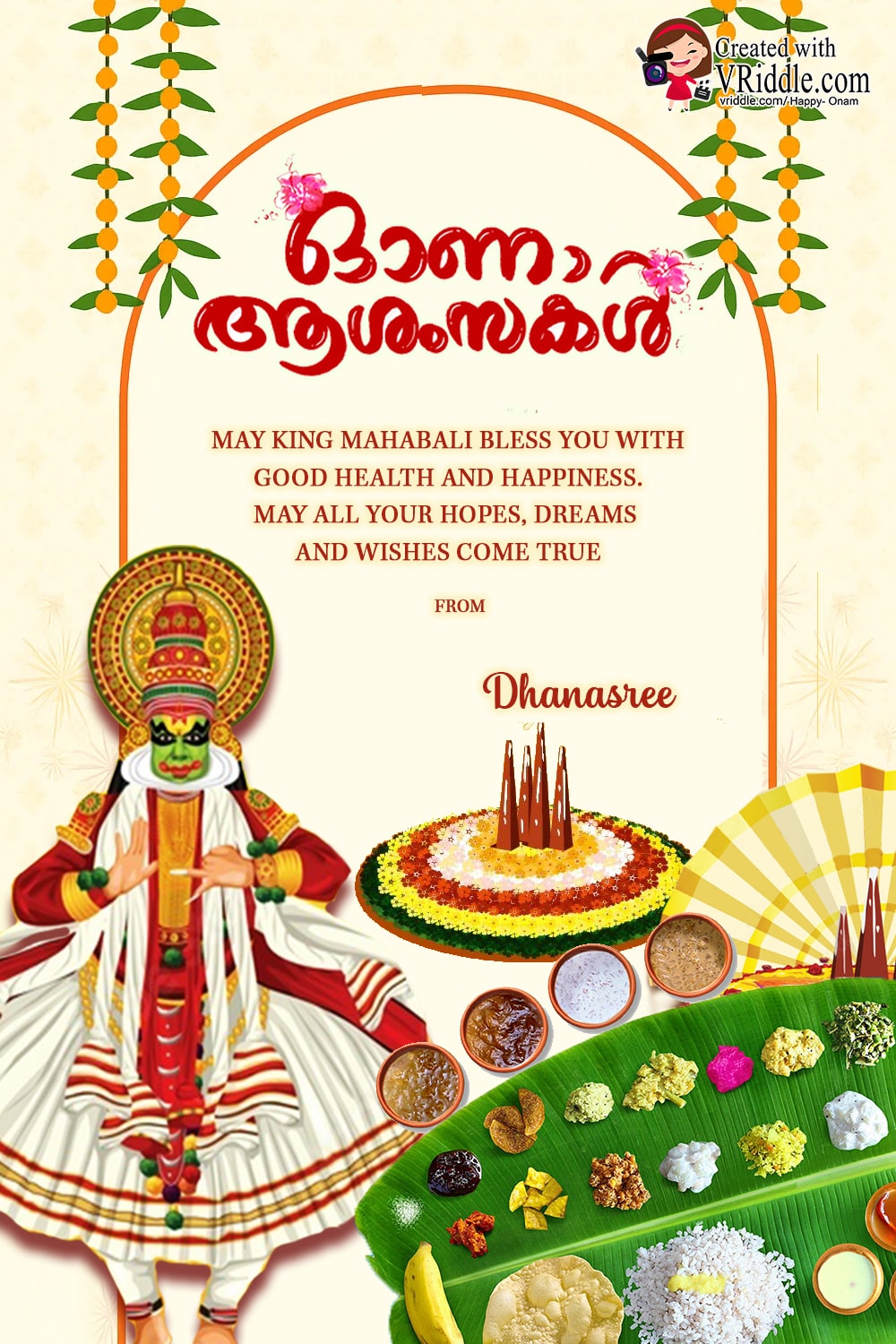 Joyful Onam Blessings with Majestic Kathakali Elegance & Festive Sadya Delight