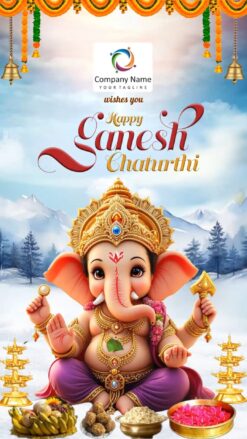 Mountain Backdrop Ganesh Chaturthi Greeting Video with Modak, Mouse, Fruits and Lamps