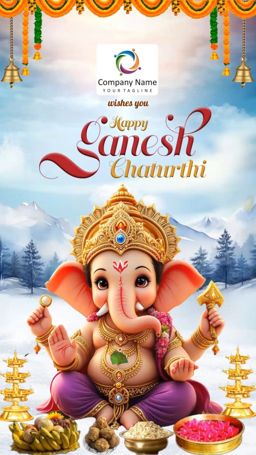 Mountain Backdrop Ganesh Chaturthi Greeting Video with Modak, Mouse, Fruits and Lamps