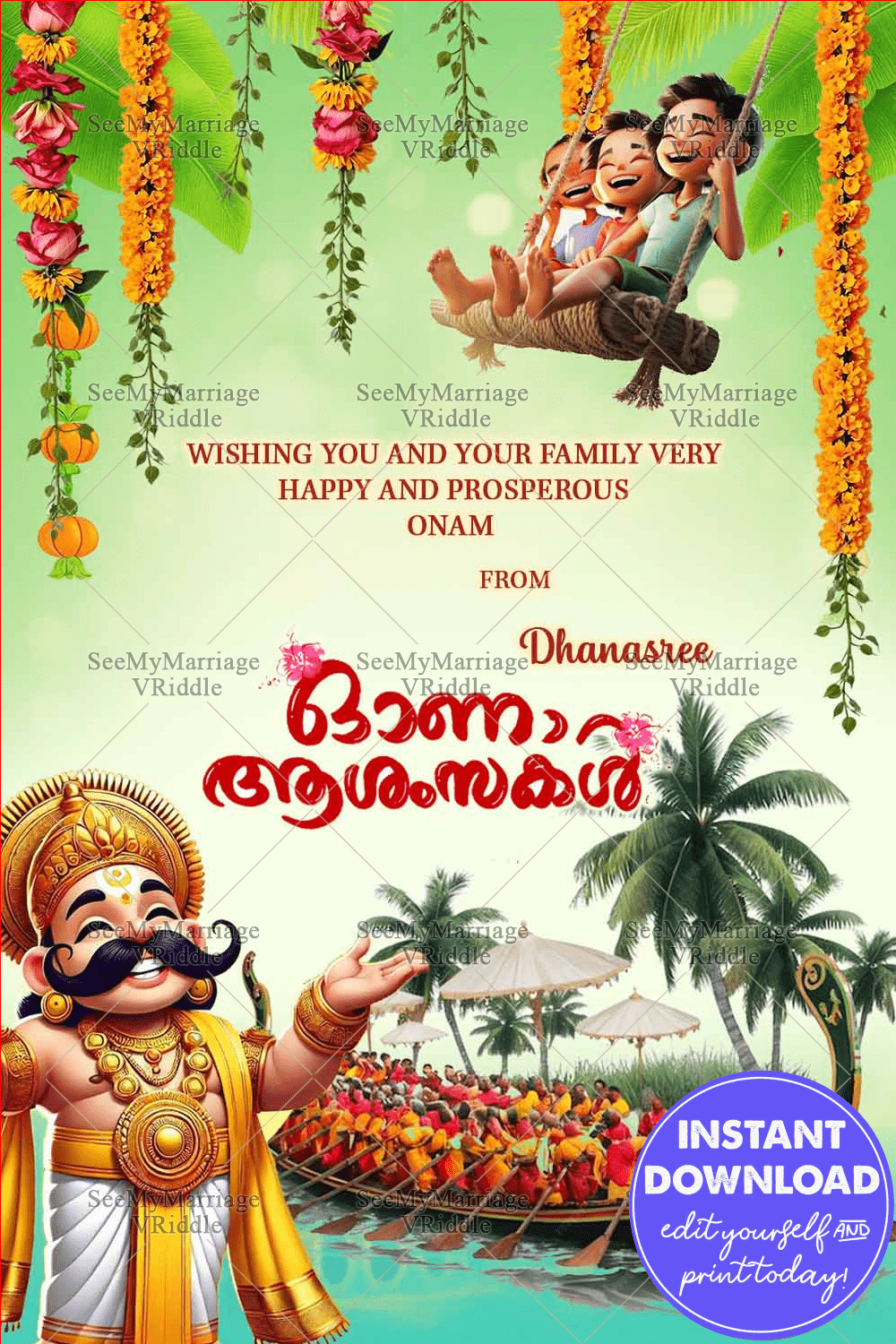 Onam Greeting Card with King Mahabali and Tradition Snake Boat Filled with Joy & Prosperity