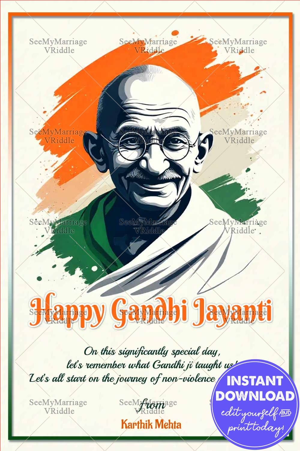 Tricolor Portrait Gandhi Jayanti Greeting Card with Artistic Design and Inspirational Quote