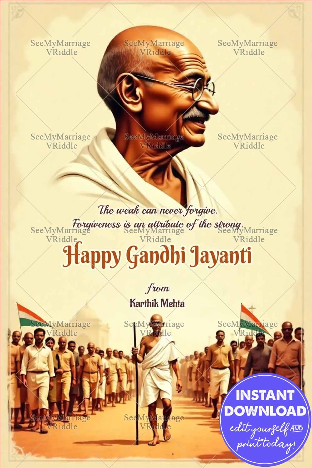Dandi March Scene Gandhi Jayanti Greeting Card with Inspirational Quote