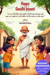 Happy Gandhi Jayanti Greeting Card with Children Holding Hands in Village Scene