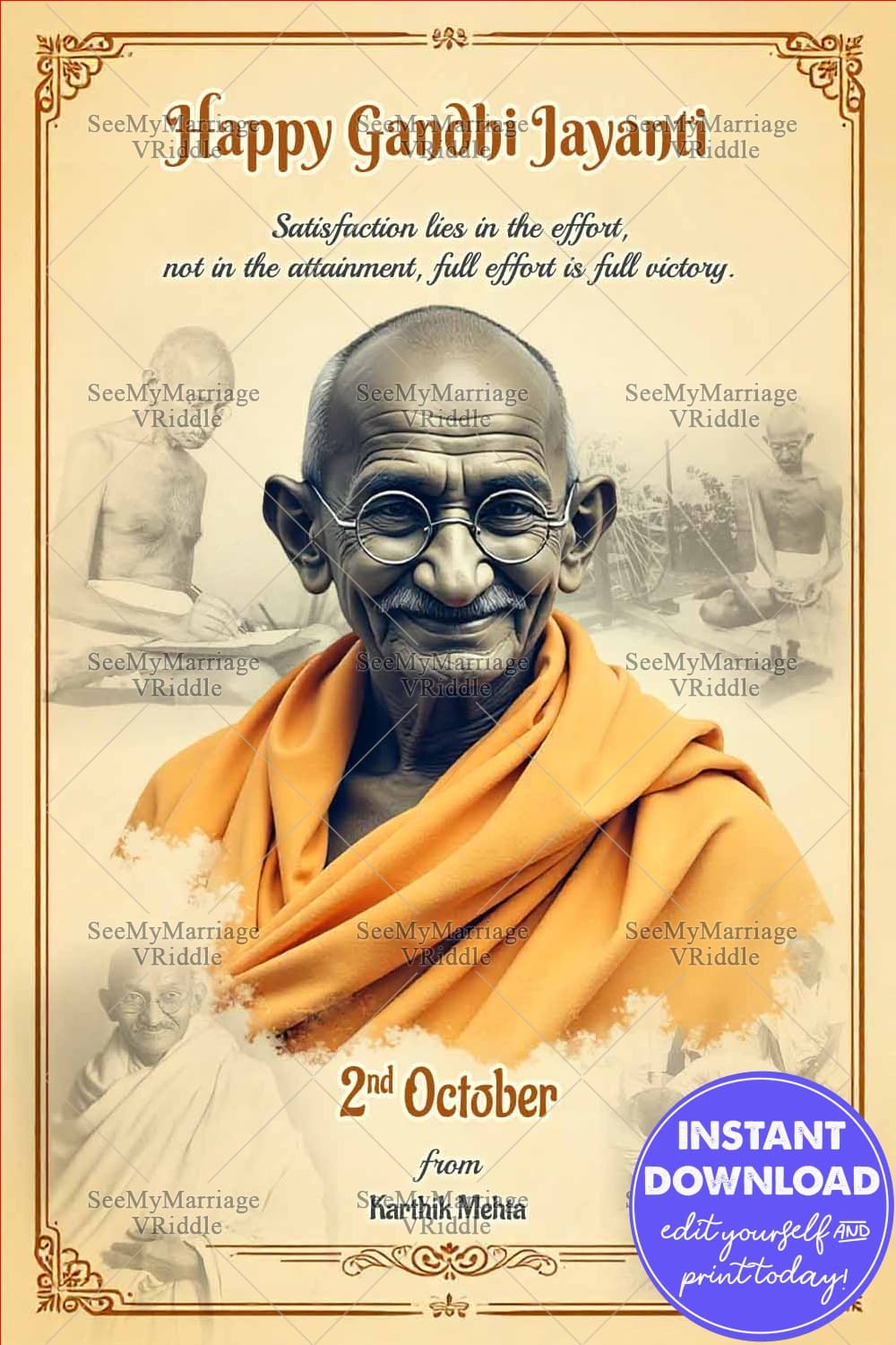 Vintage Gandhi Jayanti Greeting Card with Inspirational Quote and Historic Background