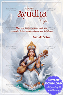 Divine Ayudha Pooja Greeting Card Featuring Goddess Saraswati with Swan and Himalayan Backdrop