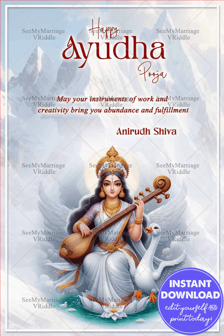 Divine Ayudha Pooja Greeting Card Featuring Goddess Saraswati with Swan and Himalayan Backdrop