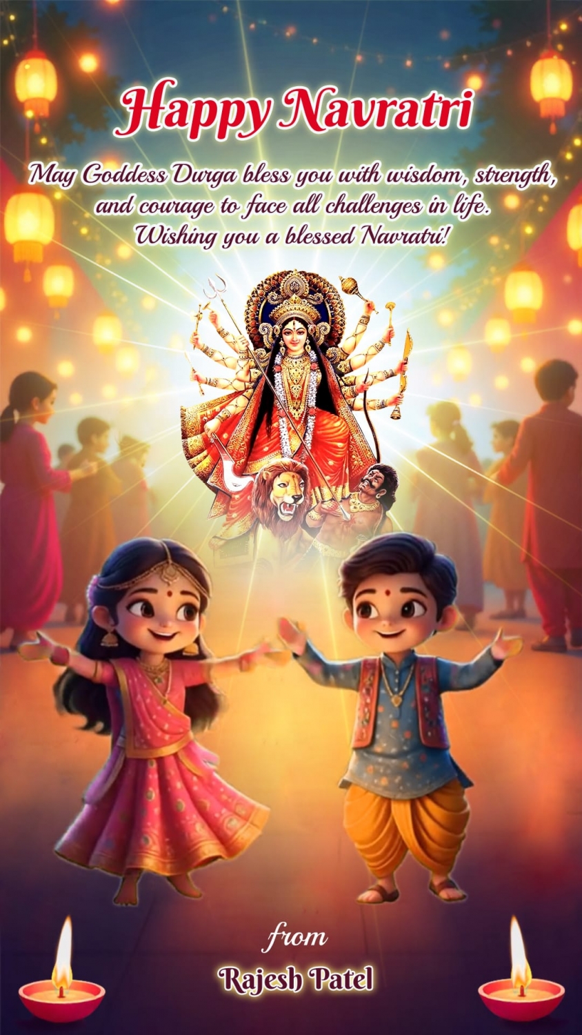Divine Lights Animated Navratri Greeting Video with Kids Garba Dance and Maa Durga