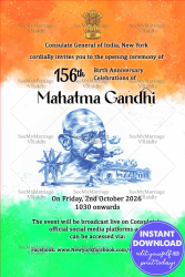 Gandhi Jayanti Invitation with Tricolor Theme & Blue Mahatma Gandhi Charkha Design