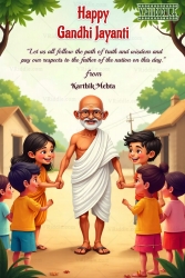 Happy Gandhi Jayanti Greeting Card with Children Holding Hands in Village Scene