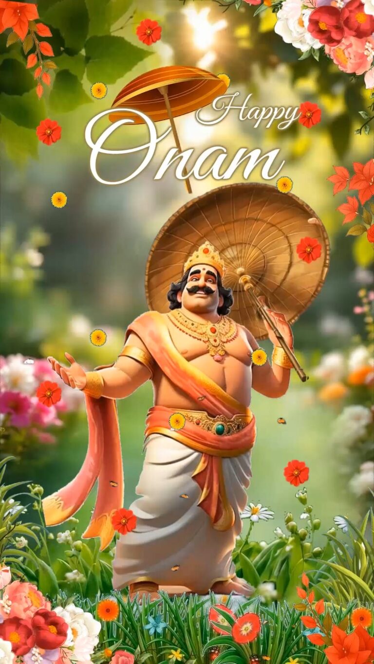 Jungle Theme Happy Onam Greeting Video with Mahabali Illustration and Floral Background