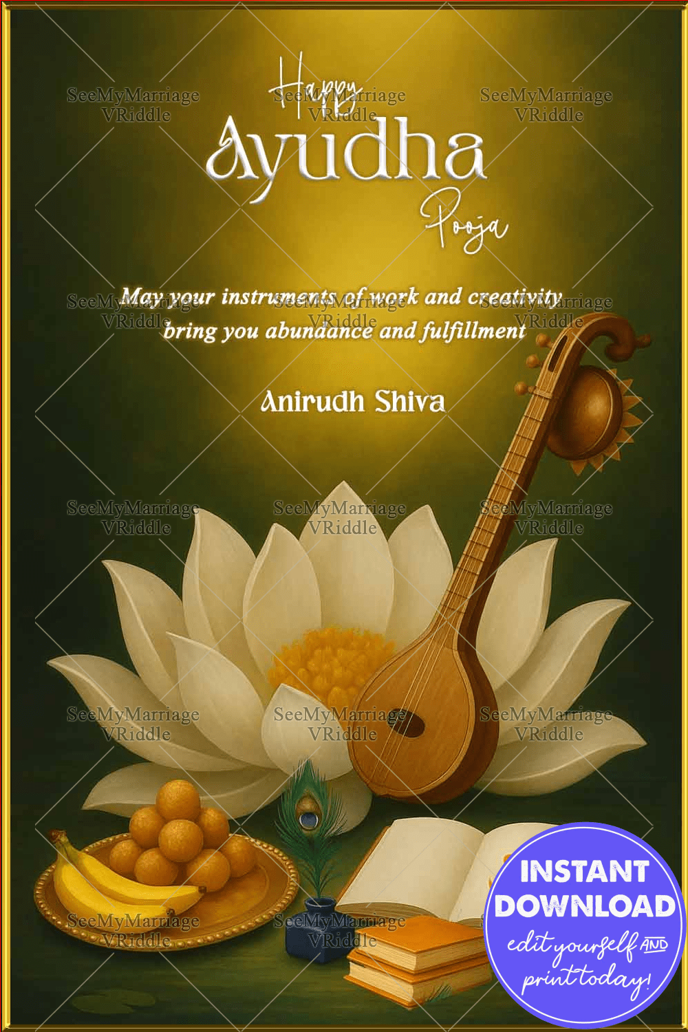 Lotus Ayudha Pooja Greeting Card Showcasing Veena Sacred Books and Divine Traditional Elements