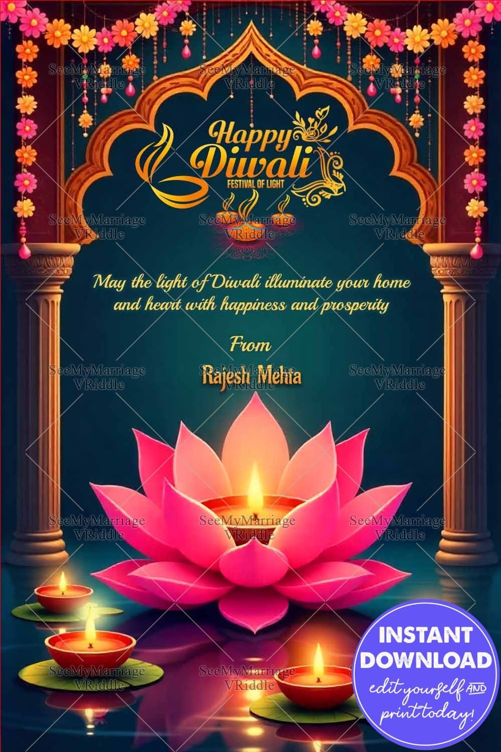 Radiant Lotus Diwali Greeting Card with Golden Arch Frame, Hanging Marigold Garlands and Glowing Diyas on Water