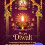 Divine Goddess Lakshmi Diwali Greeting Card with Golden Arch Frame, Marigold Garlands, Hanging Bells and Illuminated Diyas on Rangoli Background