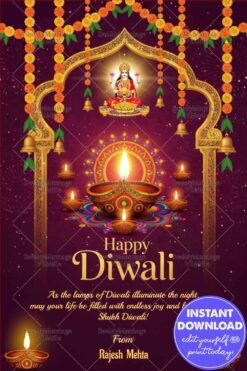Divine Goddess Lakshmi Diwali Greeting Card with Golden Arch Frame, Marigold Garlands, Hanging Bells and Illuminated Diyas on Rangoli Background
