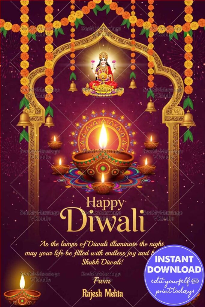 Divine Goddess Lakshmi Diwali Greeting Card with Golden Arch Frame, Marigold Garlands, Hanging Bells and Illuminated Diyas on Rangoli Background