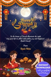 Charming Kids Diwali Greeting Card with Featuring Rangoli Art, Fireworks and Full Moon Night