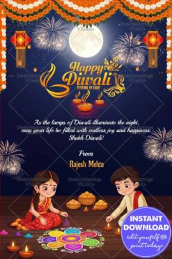 Charming Kids Diwali Greeting Card with Featuring Rangoli Art, Fireworks and Full Moon Night