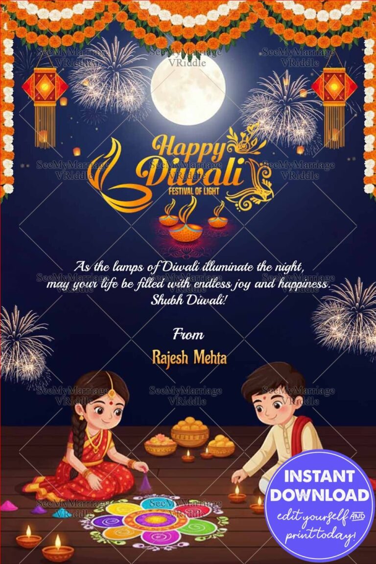 Charming Kids Diwali Greeting Card with Featuring Rangoli Art, Fireworks and Full Moon Night