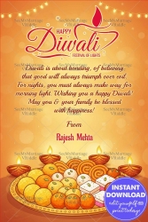 Sweets Themed Diwali Greeting Card with Featuring Decorative Laddus, Diyas and Festive Lights