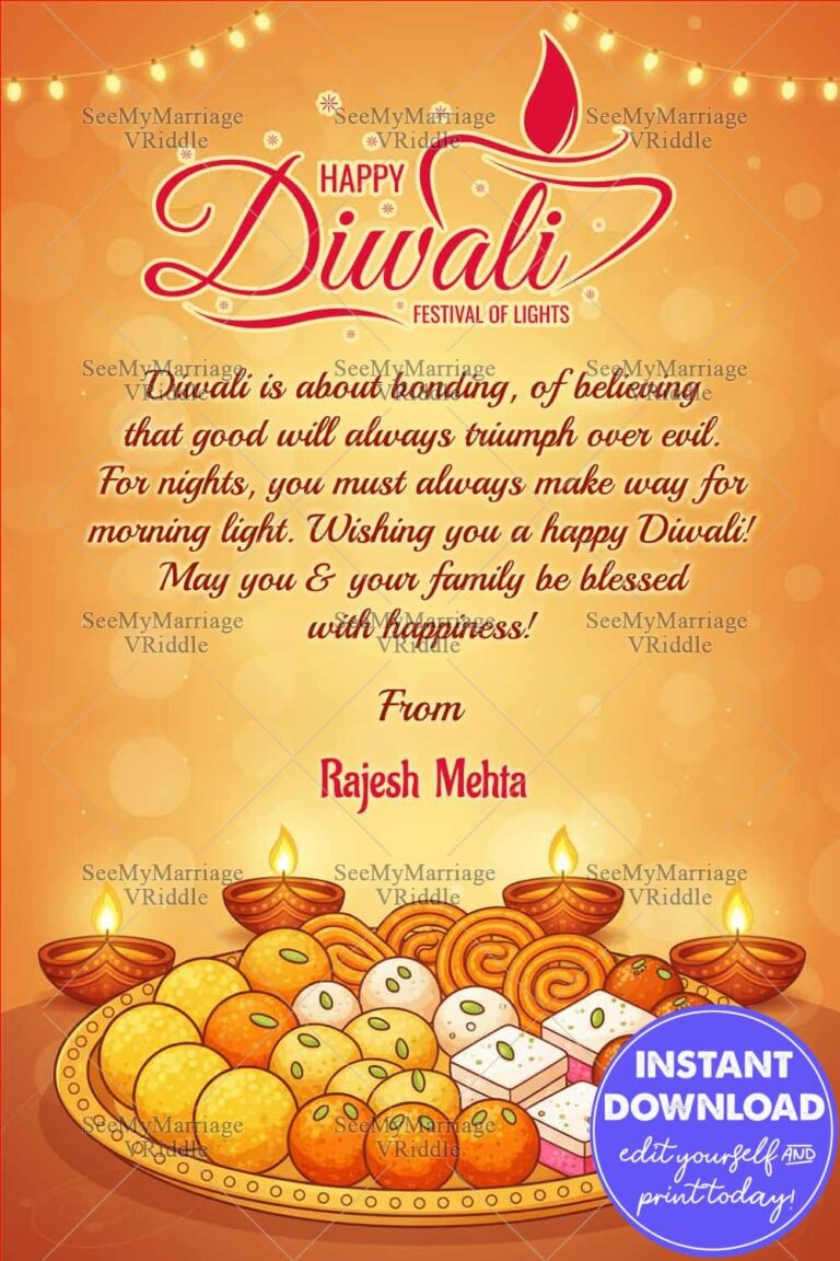 Sweets Themed Diwali Greeting Card with Featuring Decorative Laddus, Diyas and Festive Lights