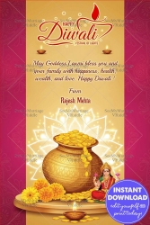 Goddess Lakshmi Diwali Greeting Card with Golden Pot of Coins, Marigold Flowers and Glowing Diyas