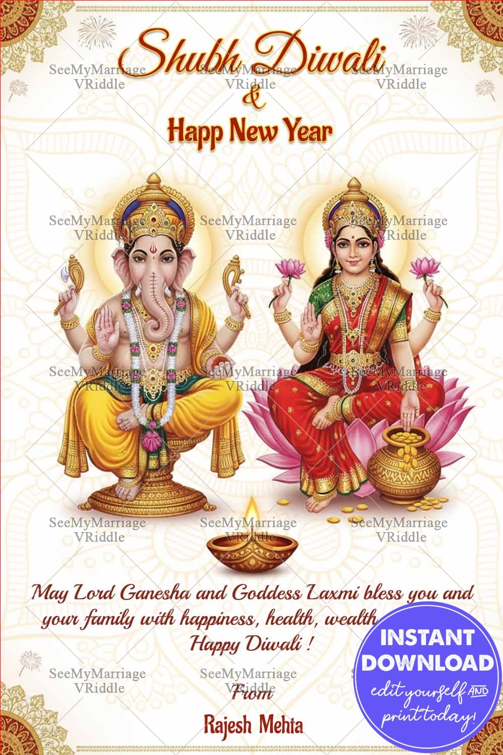 Divine Shubh Diwali and New Year Greeting Card with Lord Ganesha and Goddess Lakshmi